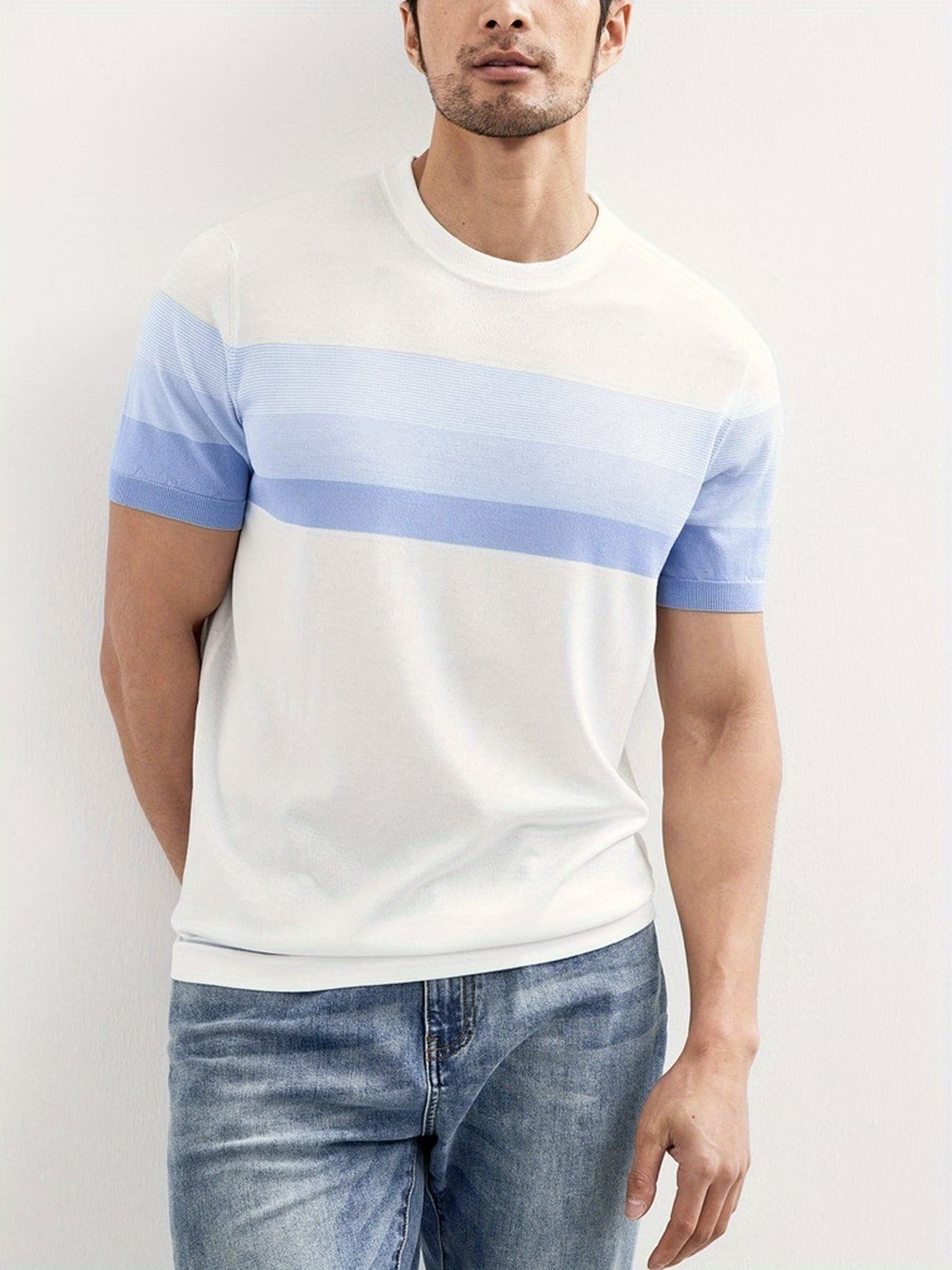 Men's Sky Blue Striped Knitted T-Shirt