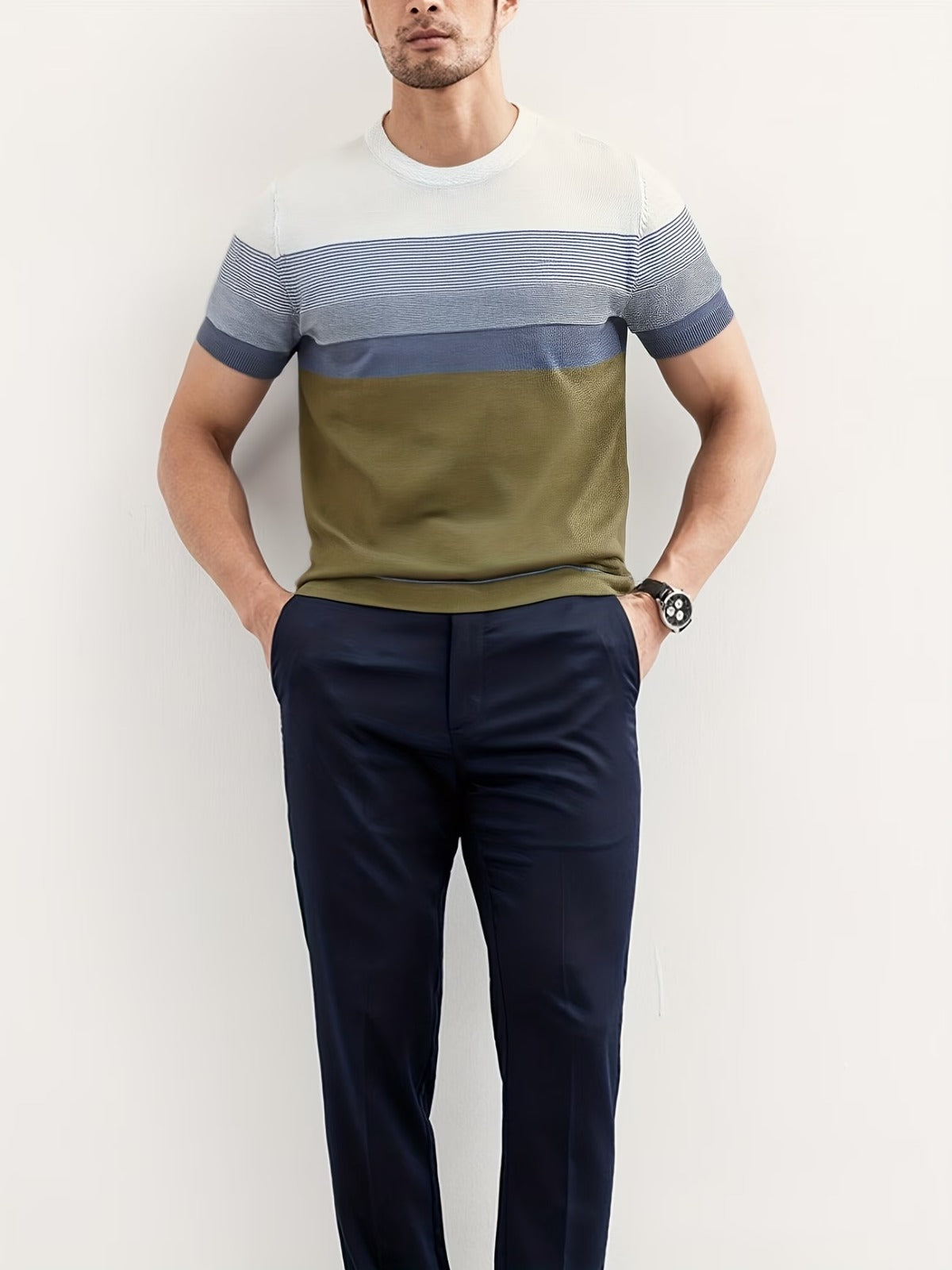 Men's Green Color Block Knitted T-Shirt