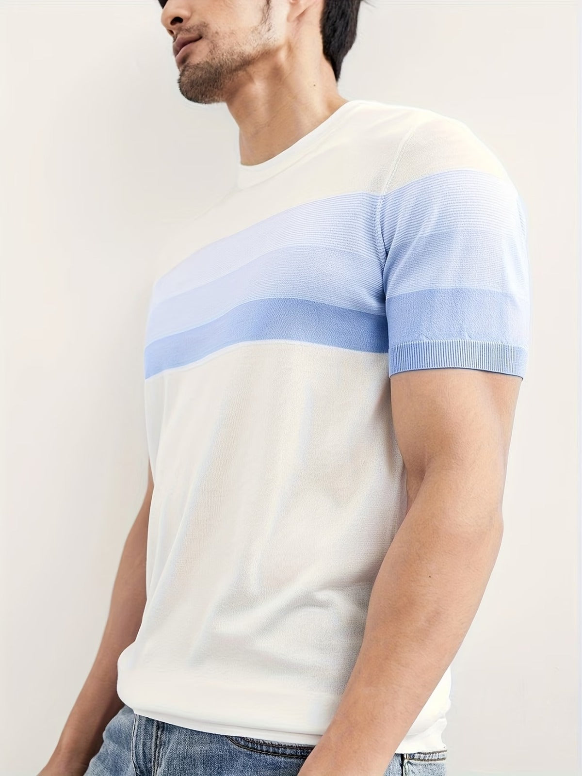 Men's Sky Blue Striped Knitted T-Shirt