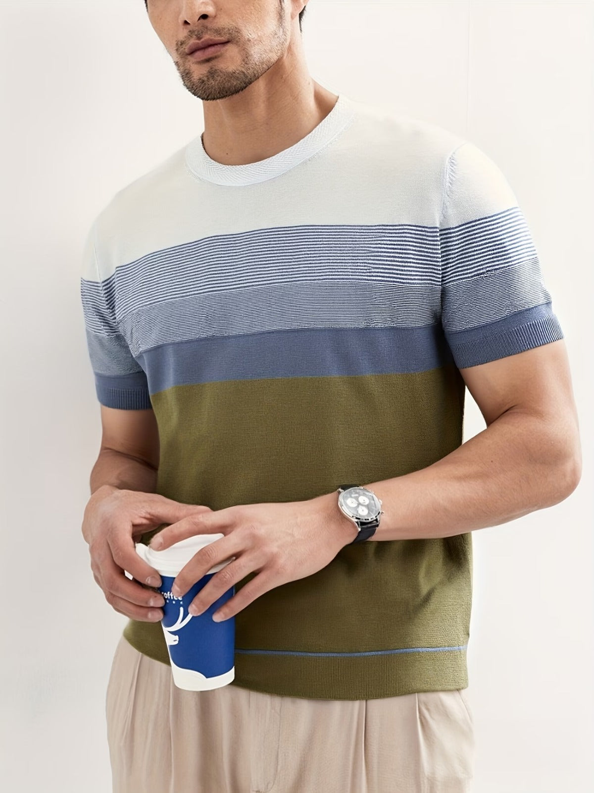 Men's Green Color Block Knitted T-Shirt