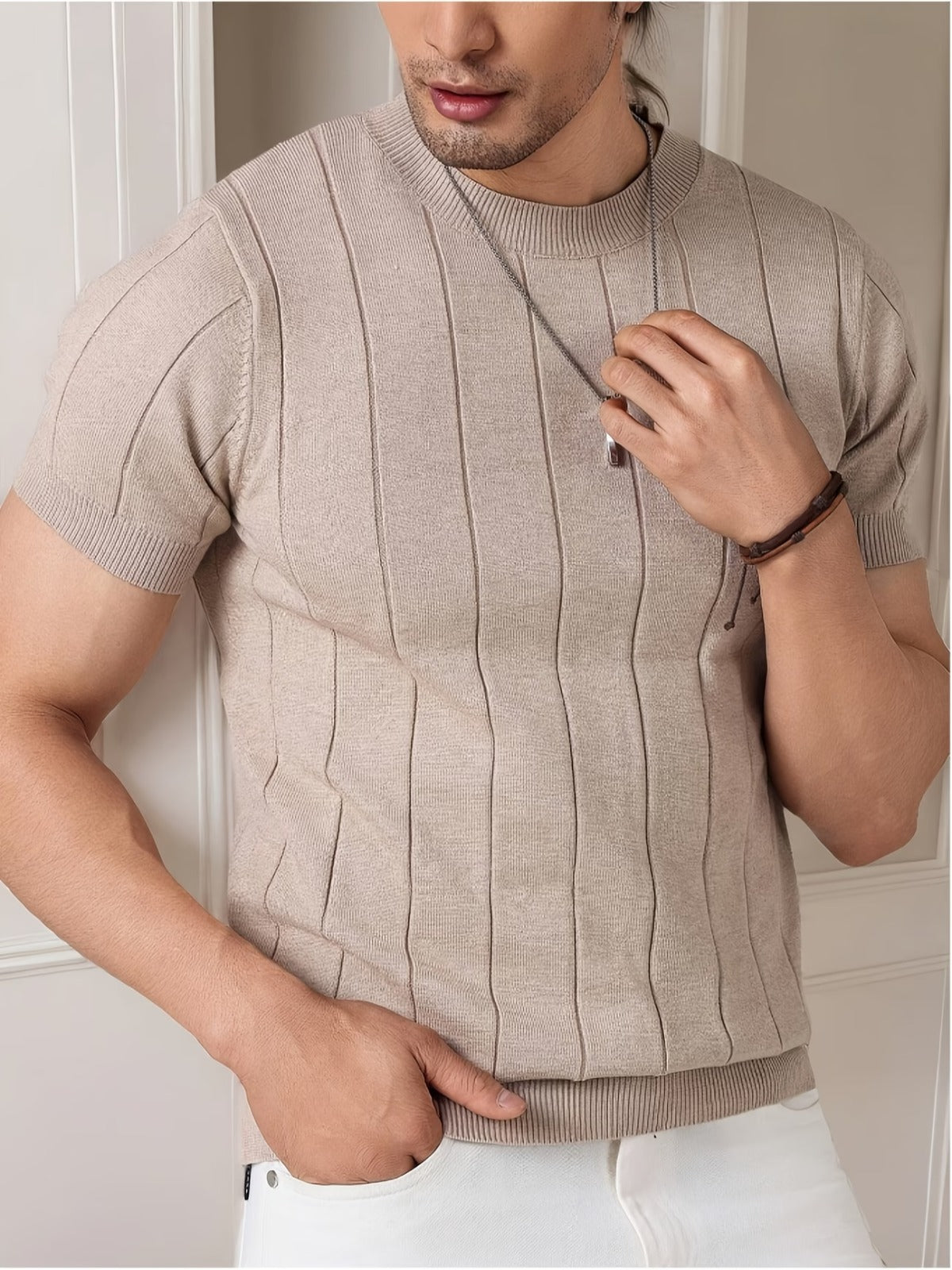 Men's Beige Textured Knitted T-Shirt