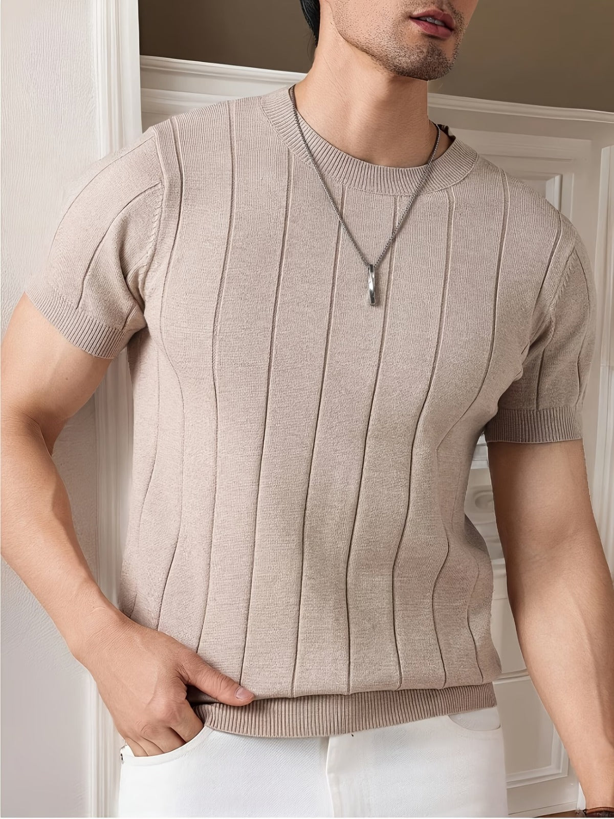 Men's Beige Textured Knitted T-Shirt