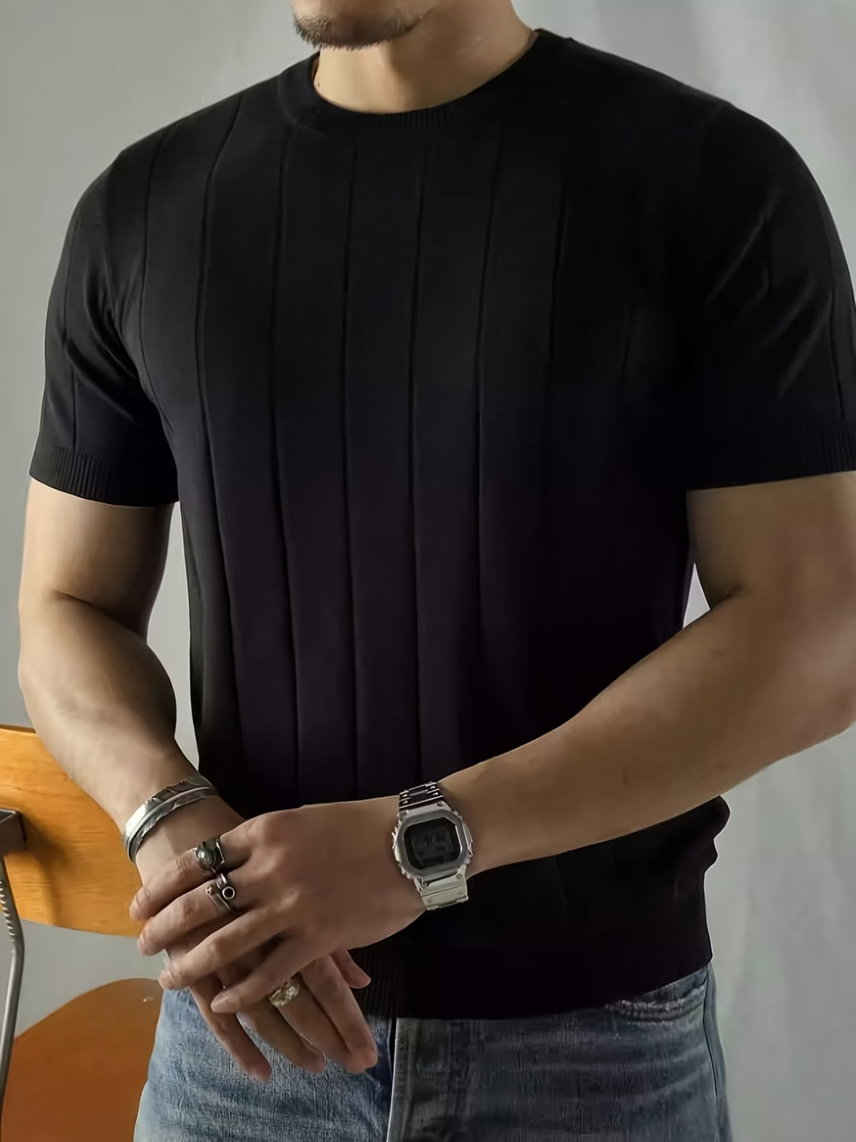 Men's Black Textured Knitted T-Shirt