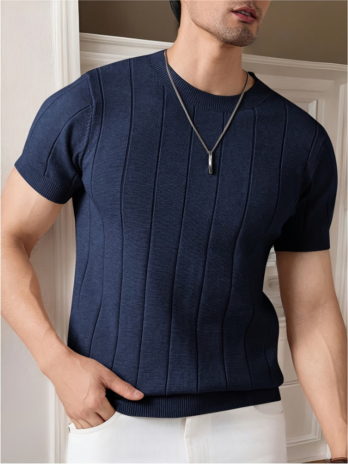 Men's Navy Blue Textured Knitted T-Shirt