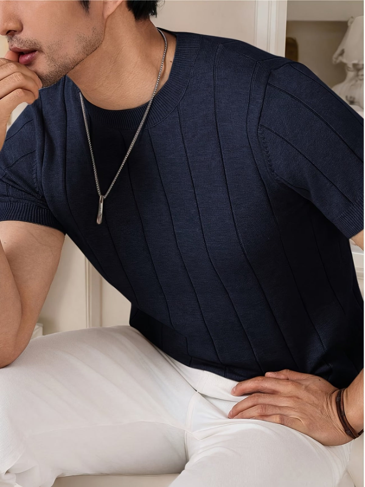 Men's Navy Blue Textured Knitted T-Shirt