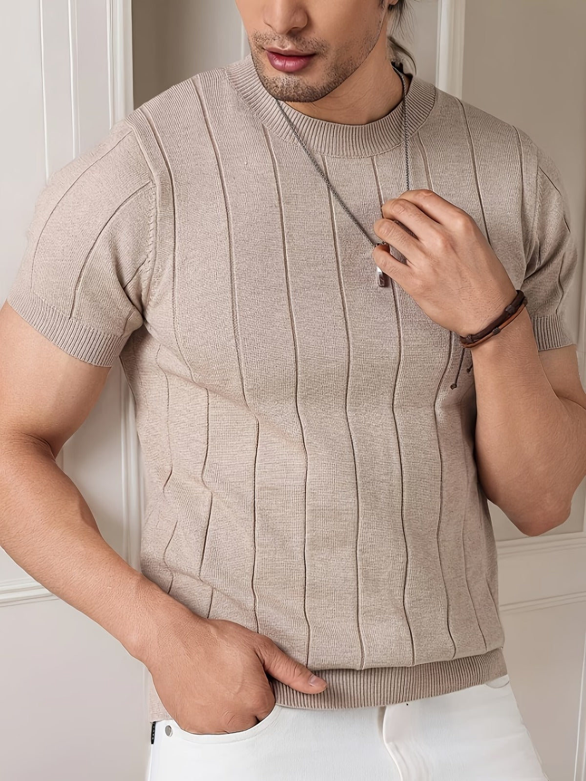 Men's Beige Textured Knitted T-Shirt