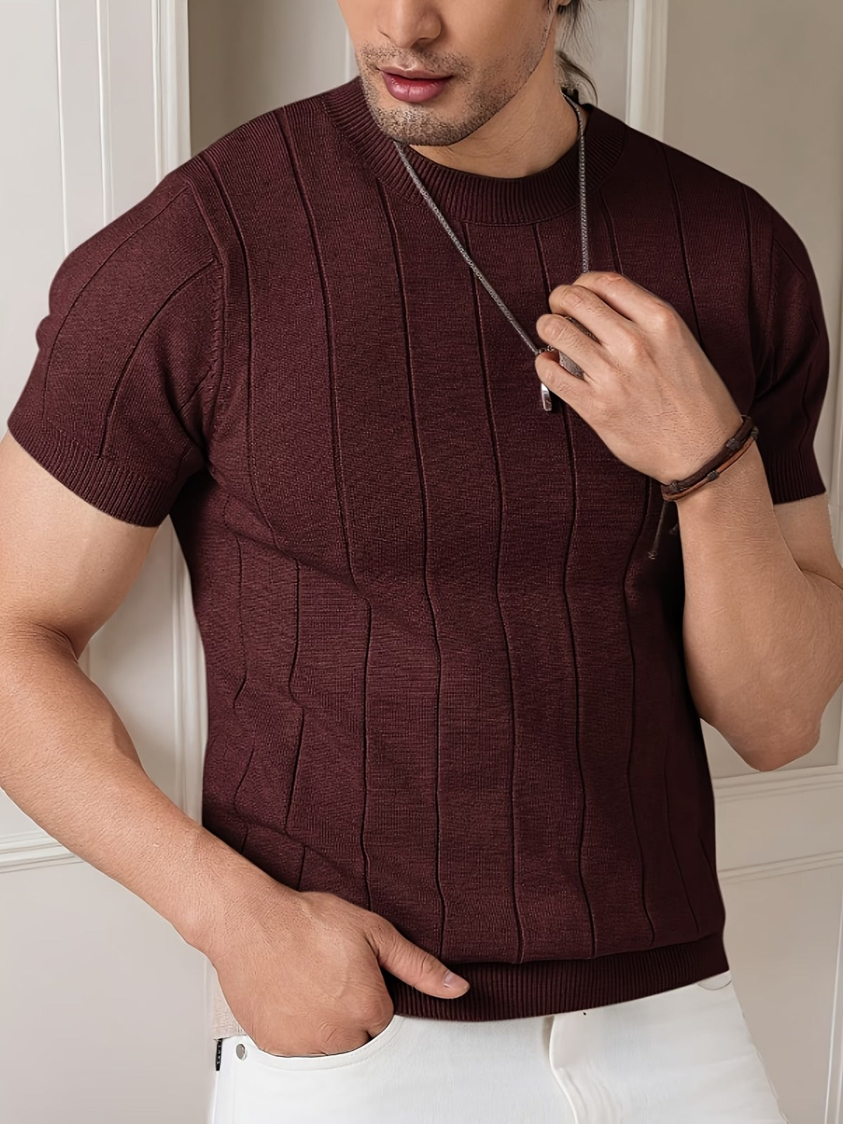 Men's Brown Textured Knitted T-Shirt