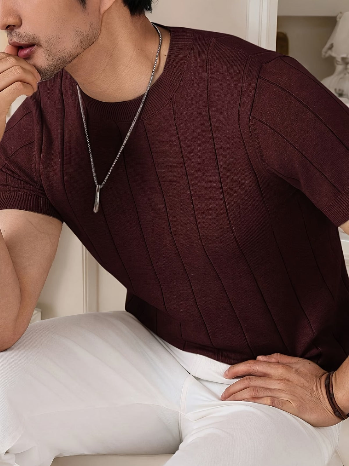 Men's Brown Textured Knitted T-Shirt