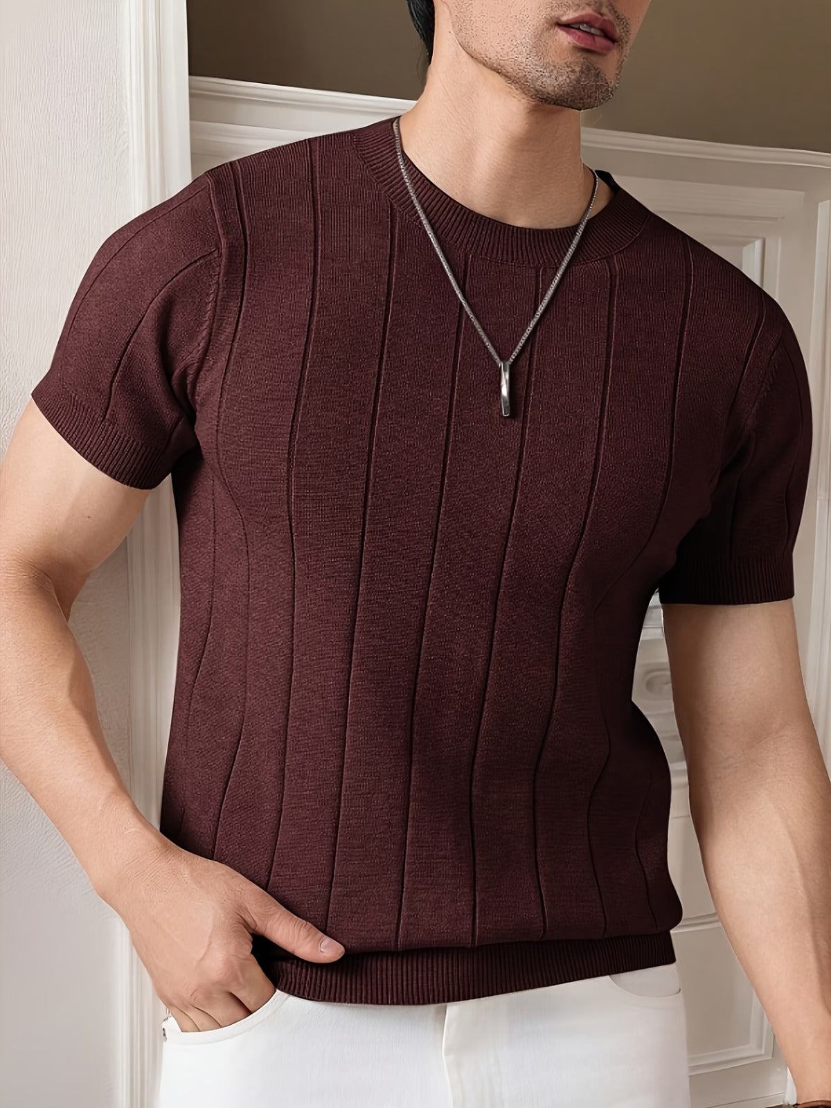 Men's Brown Textured Knitted T-Shirt