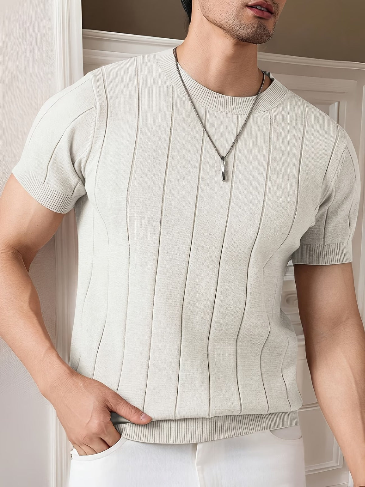 Men's White Textured Knitted T-Shirt
