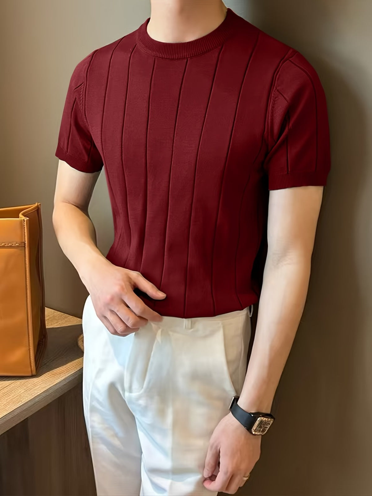 Men's Maroon Textured Knitted T-Shirt