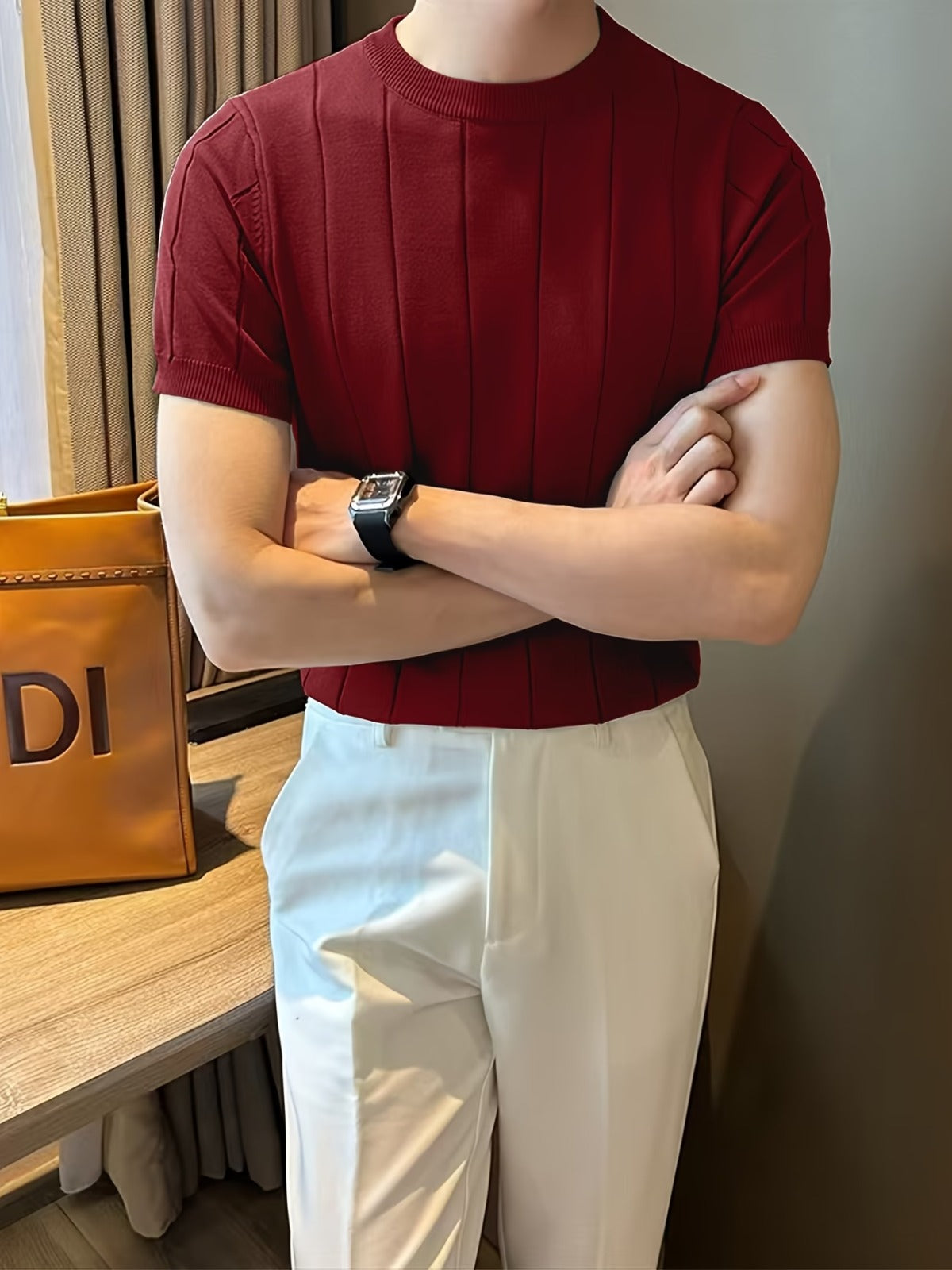 Men's Maroon Textured Knitted T-Shirt