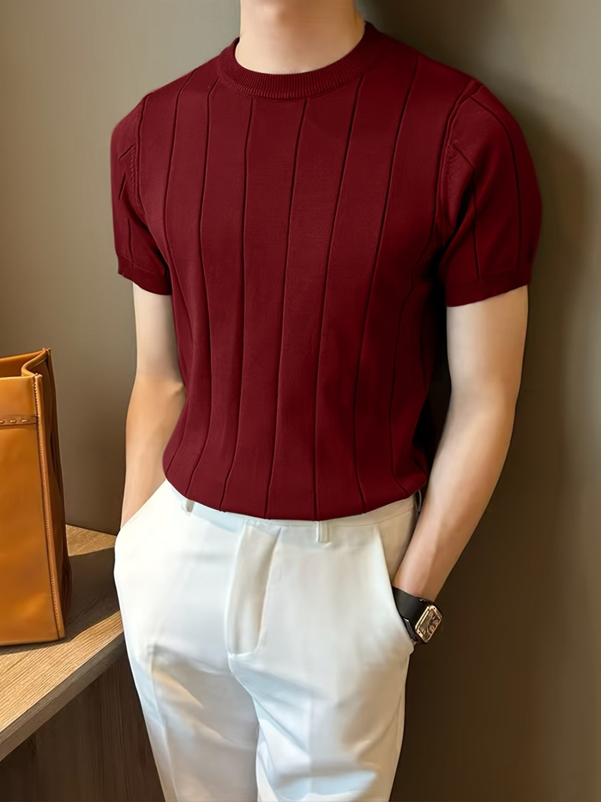 Men's Maroon Textured Knitted T-Shirt