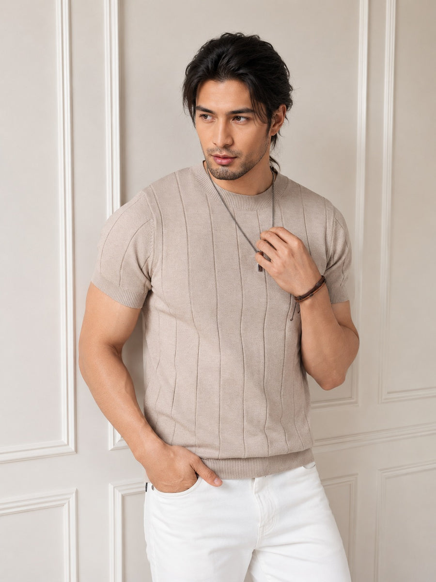 Men's White Textured Knitted T-Shirt