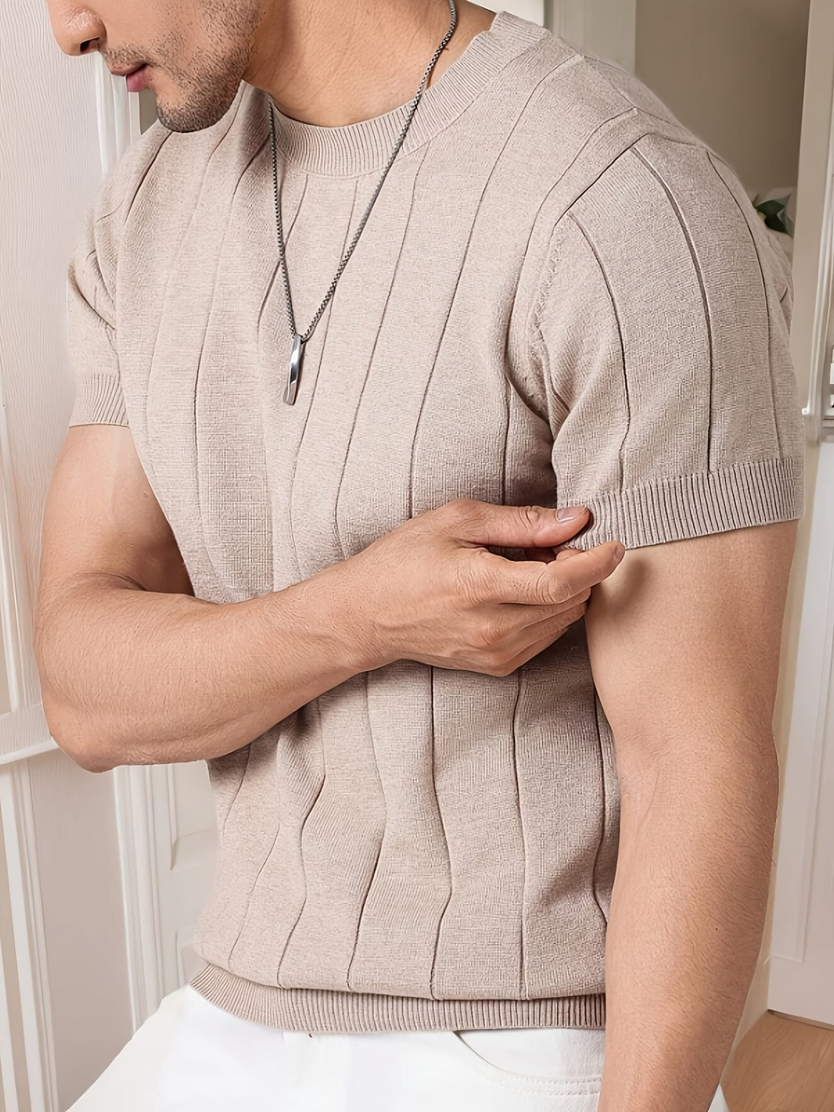 Men's Beige Textured Knitted T-Shirt