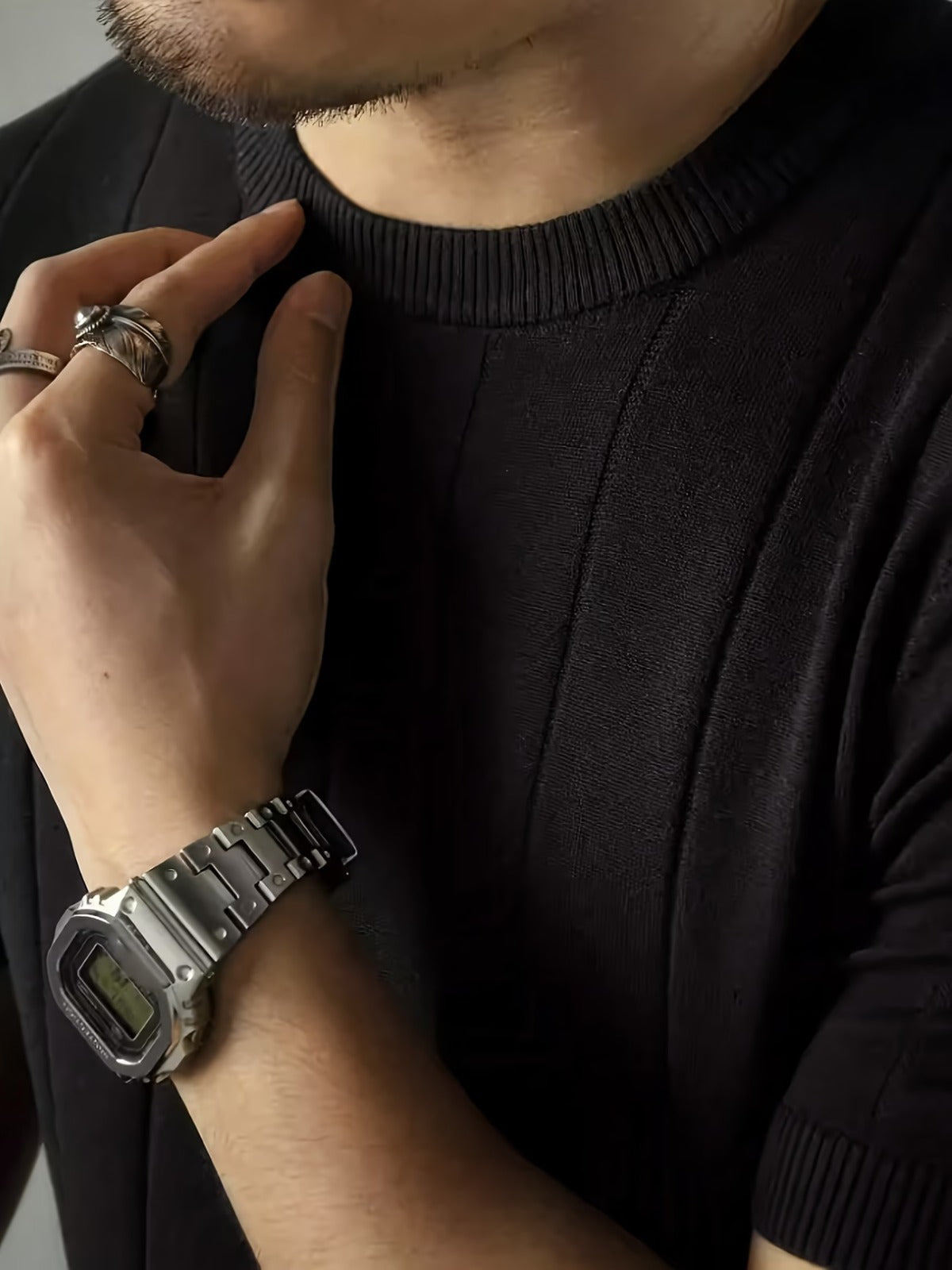 Men's Black Textured Knitted T-Shirt