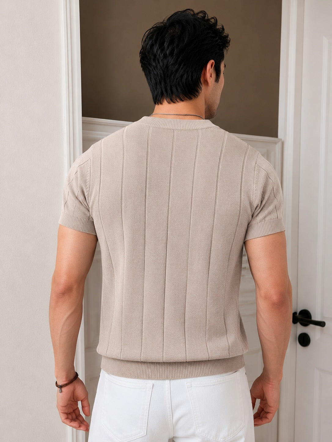Men's Beige Textured Knitted T-Shirt