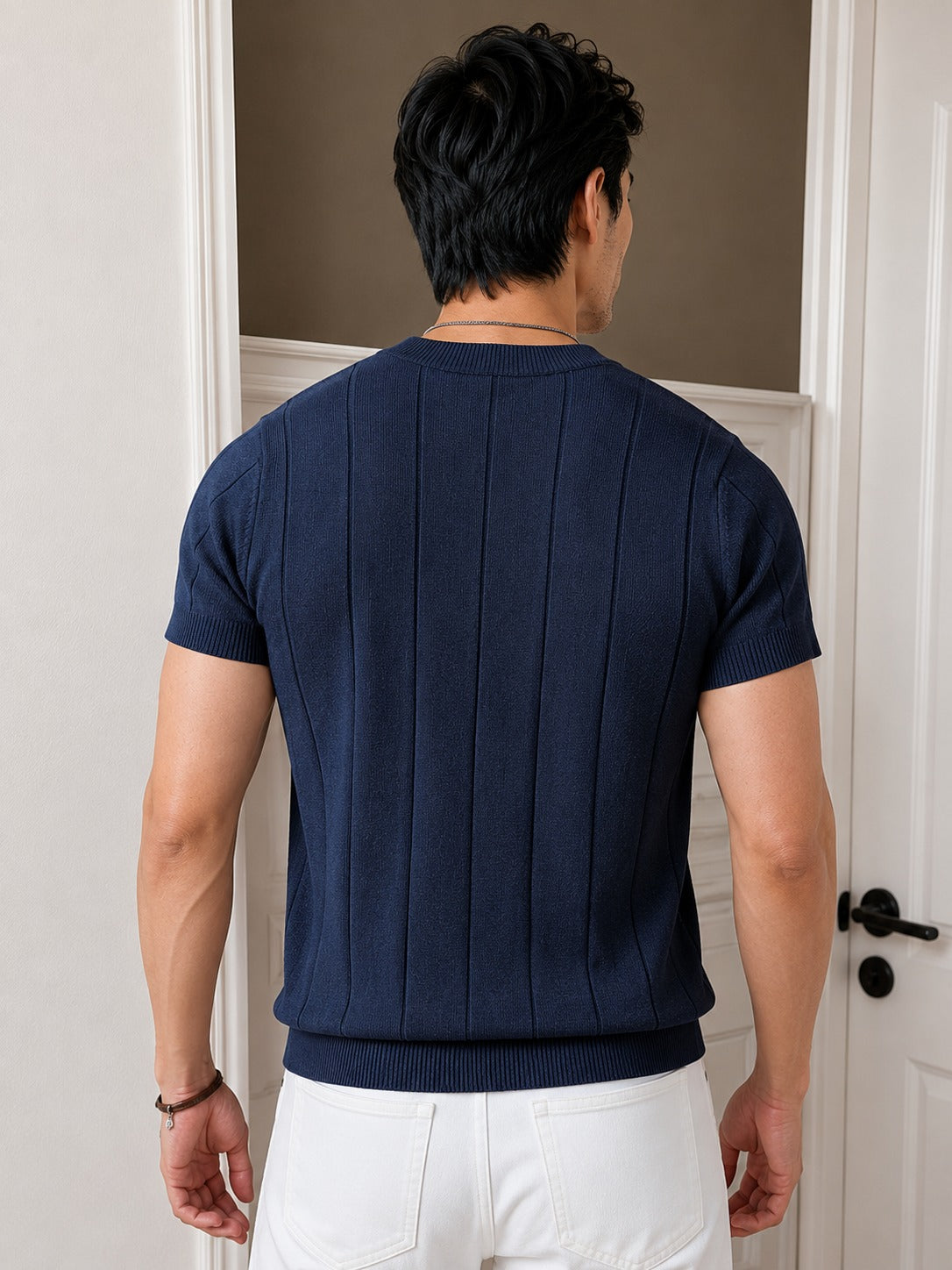 Men's Navy Blue Textured Knitted T-Shirt