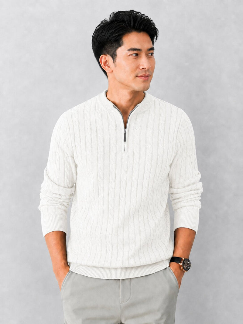 Men’s White Cable Knit Half Zip Sweater