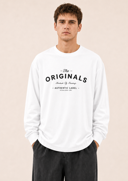 Men's White Printed Oversized Full Sleeve T-Shirt
