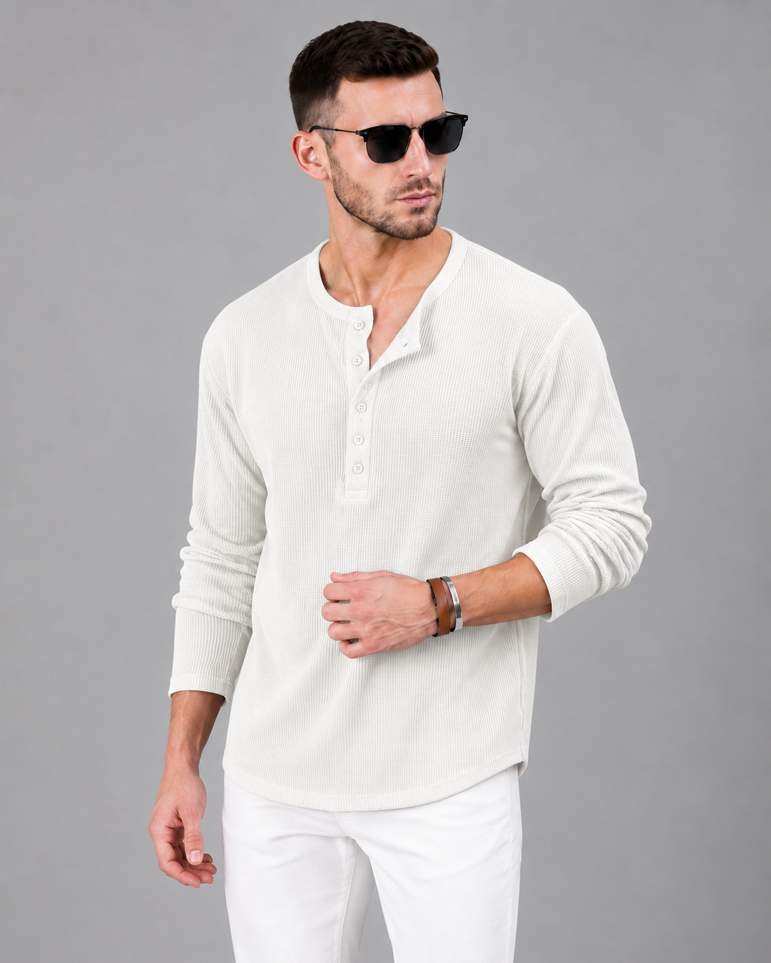 Men’s Textured Henley Full Sleeve White T-Shirt