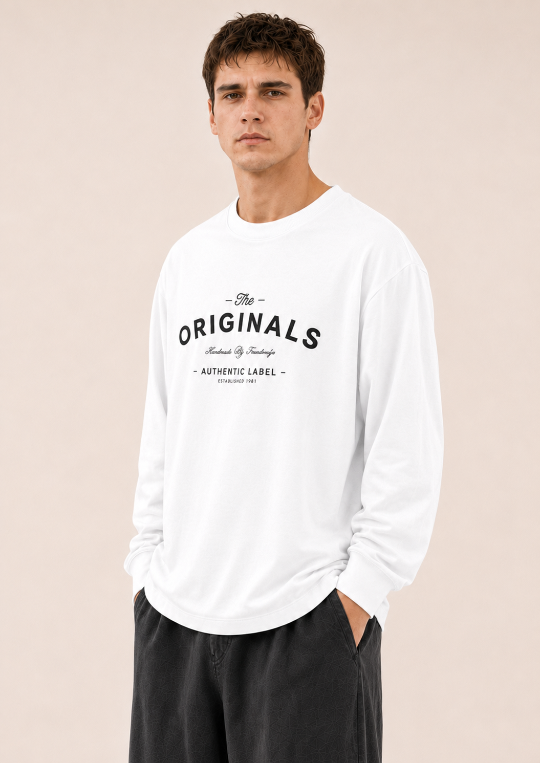 Men's White Printed Oversized Full Sleeve T-Shirt