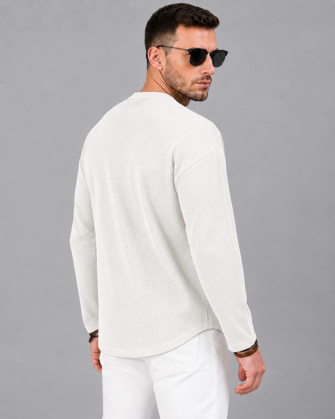 Men’s Textured Henley Full Sleeve White T-Shirt