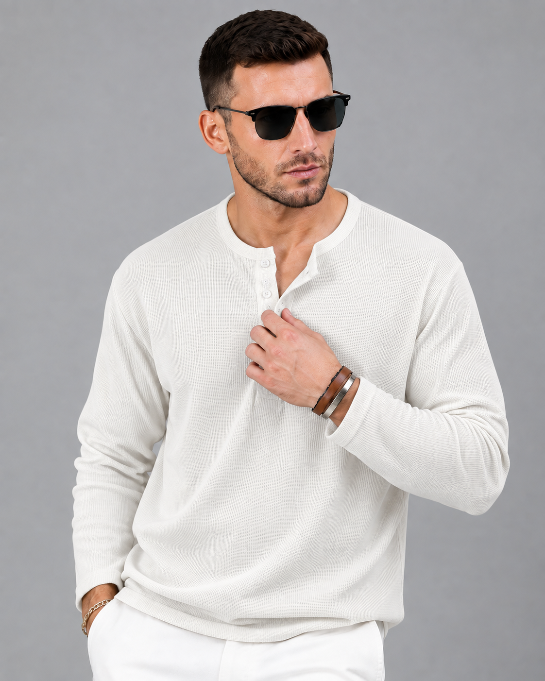 Men’s Textured Henley Full Sleeve White T-Shirt