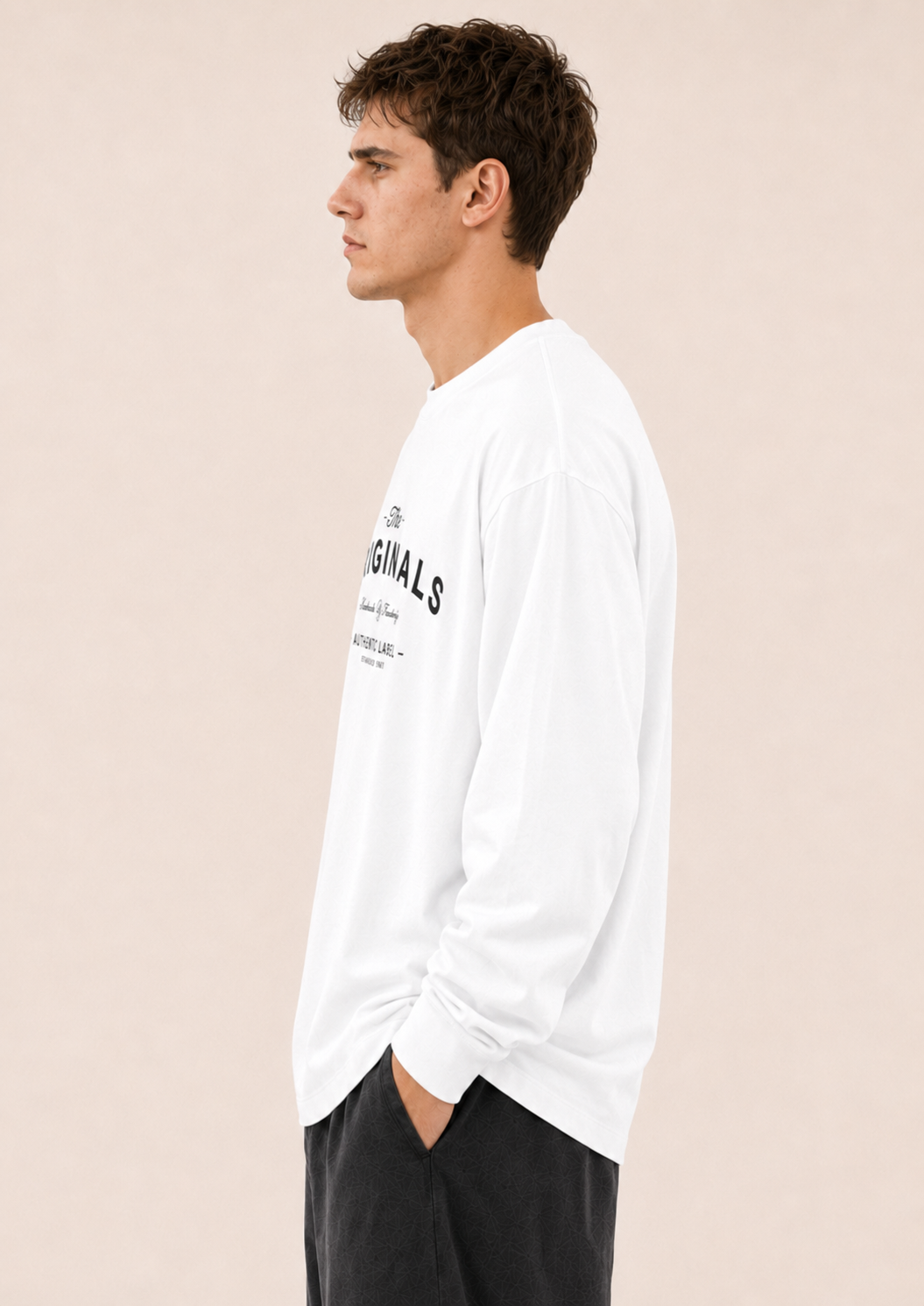 Men's White Printed Oversized Full Sleeve T-Shirt