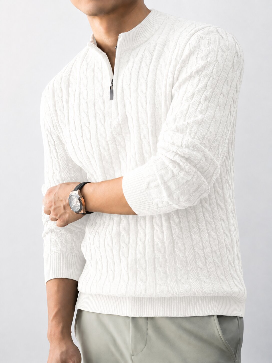 Men’s White Cable Knit Half Zip Sweater