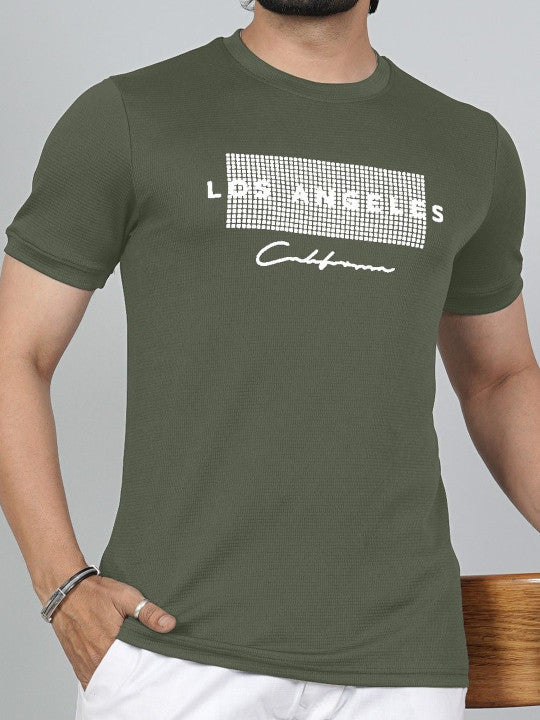 Men’s Olive Green Los Angeles Printed Textured T-Shirt