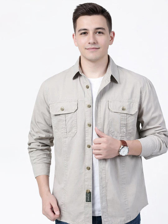 Men’s Light Grey Utility Casual Shirt – Premium Relaxed Fit Overshirt