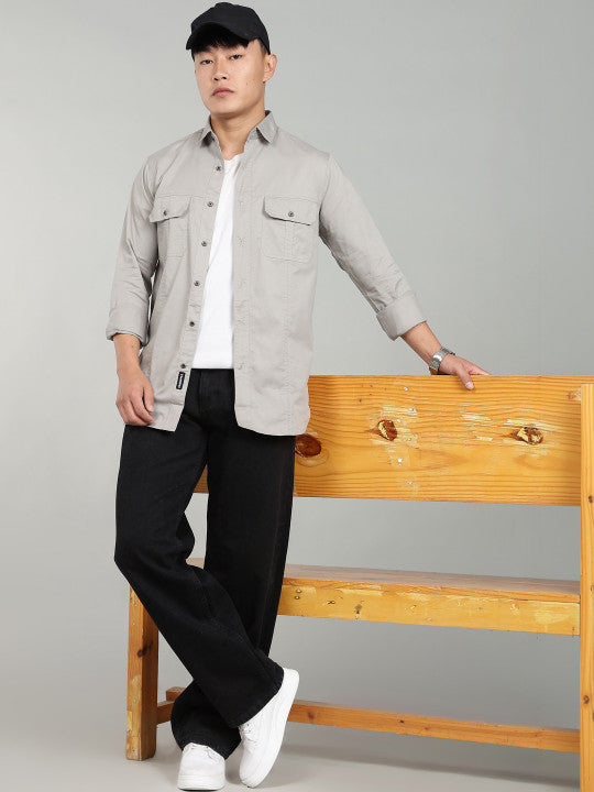 Men’s Light Grey Utility Casual Shirt – Premium Full Sleeve Solid Shirt