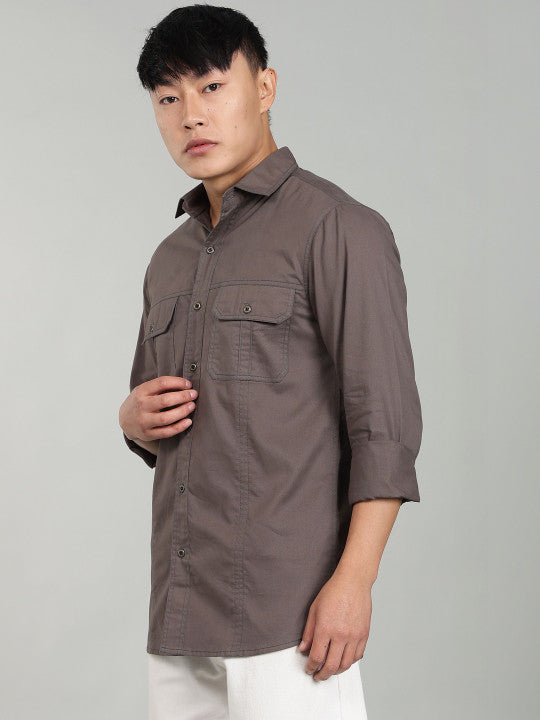 Men’s Dark Grey Utility Casual Shirt – Premium Full Sleeve Solid Shirt