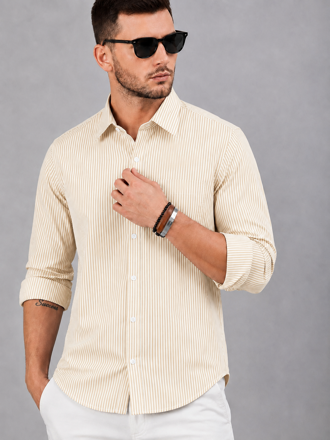 Men’s Grey & White Vertical Striped Full Sleeve Casual Shirt