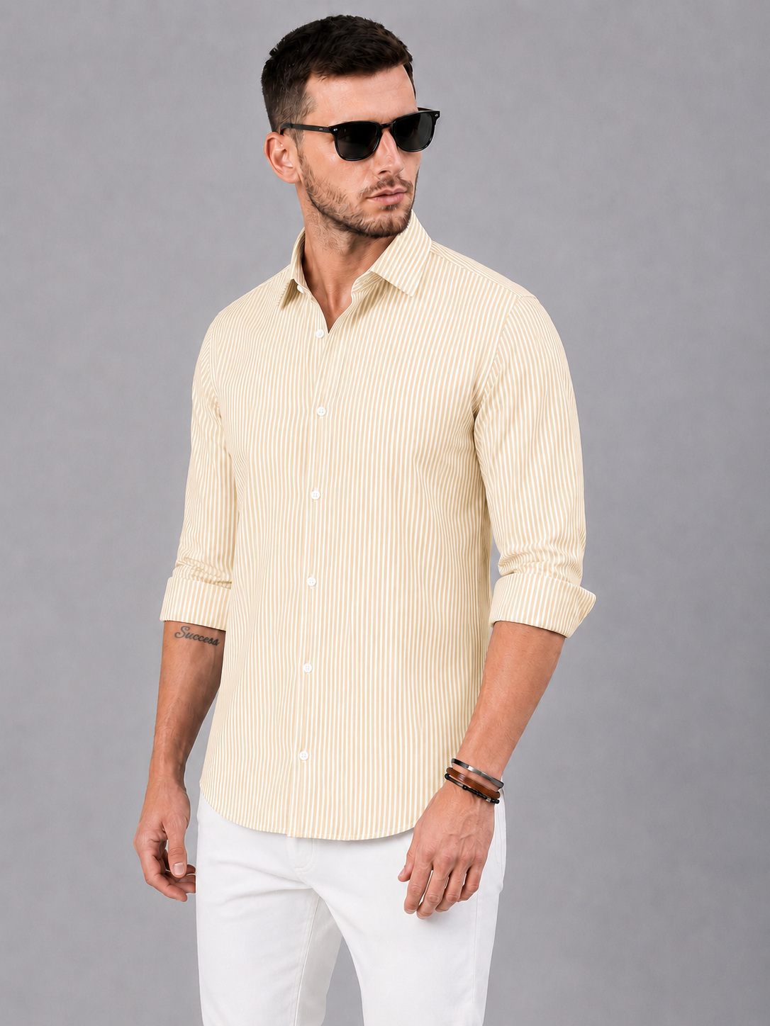 Men’s Yellow & White Vertical Striped Full Sleeve Casual Shirt