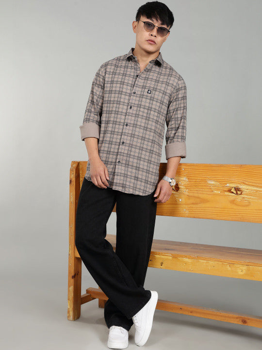 Men’s Beige Checked Casual Shirt – Premium Plaid Full Sleeve Shirt