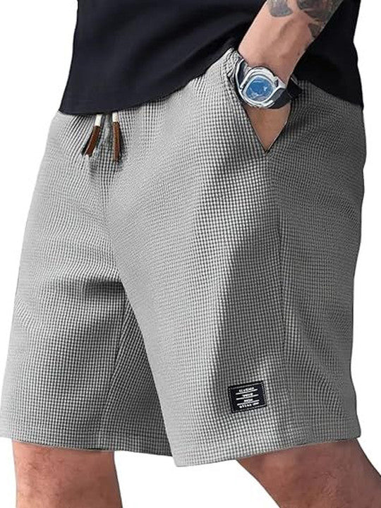 Men’s Light Grey Micro Check Texture Shorts – Relaxed Fit Casual Summer Shorts