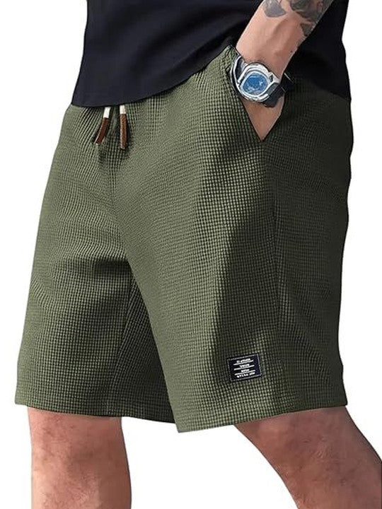 Men’s Green Waffle Texture Shorts – Relaxed Fit Casual Shorts