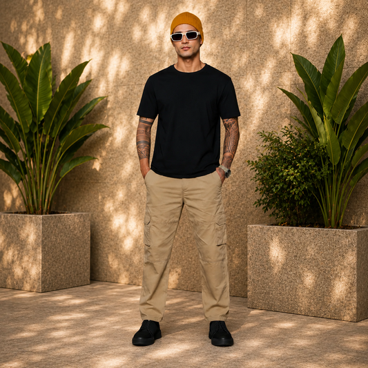 Men’s Beige Utility Cargo Pants – Relaxed Fit Streetwear Trousers