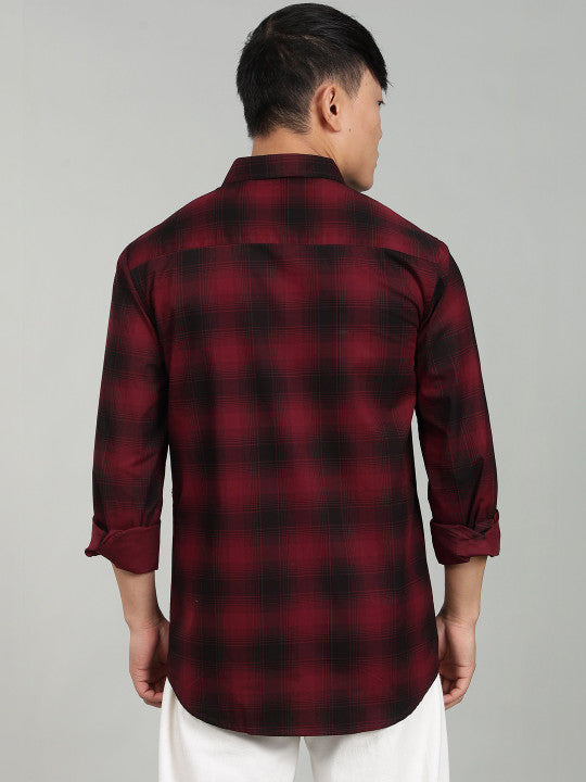 Men’s Maroon Black Checked Casual Shirt – Premium Full Sleeve Check Shirt