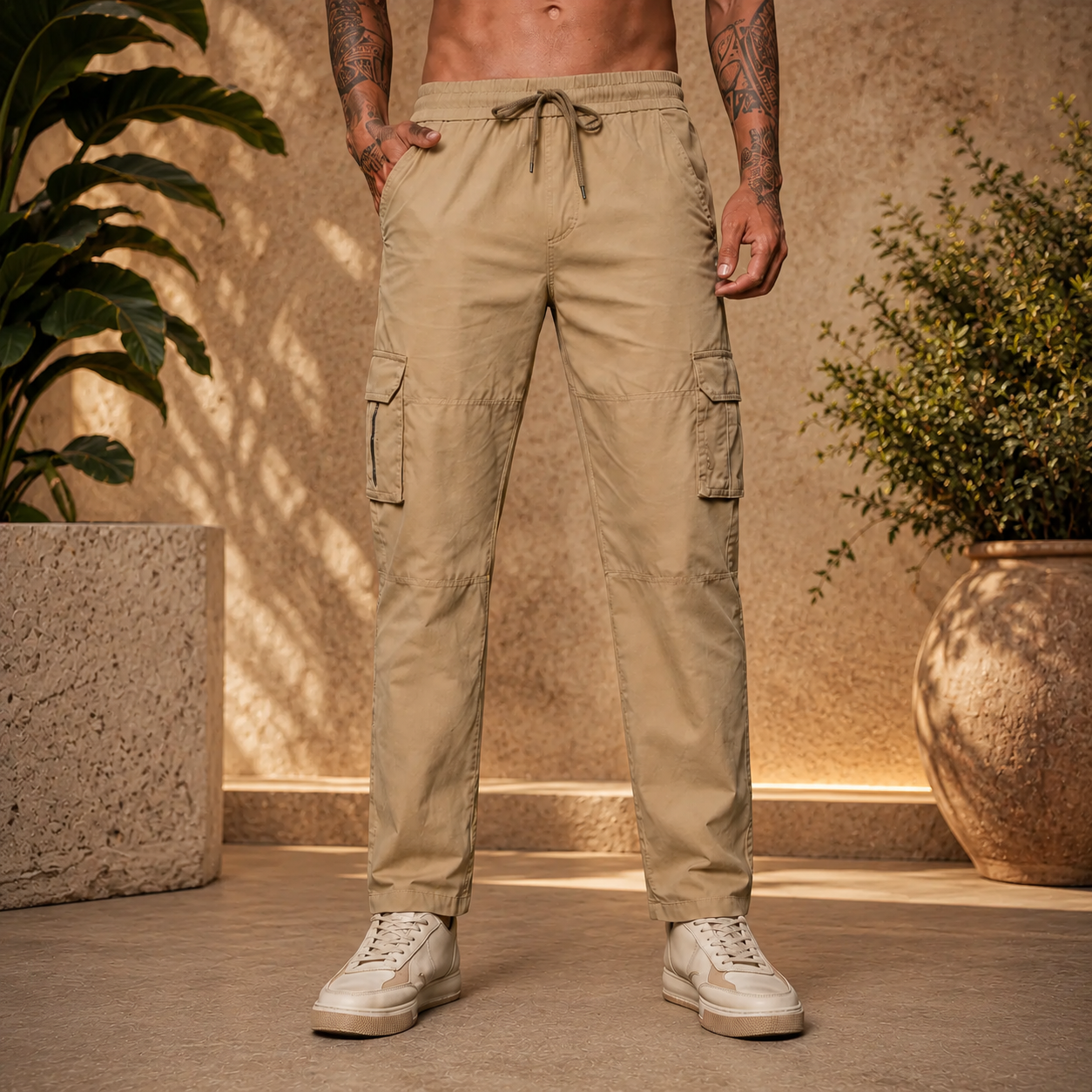 Men’s Beige Cargo Pants – Relaxed Fit Utility Streetwear Trousers