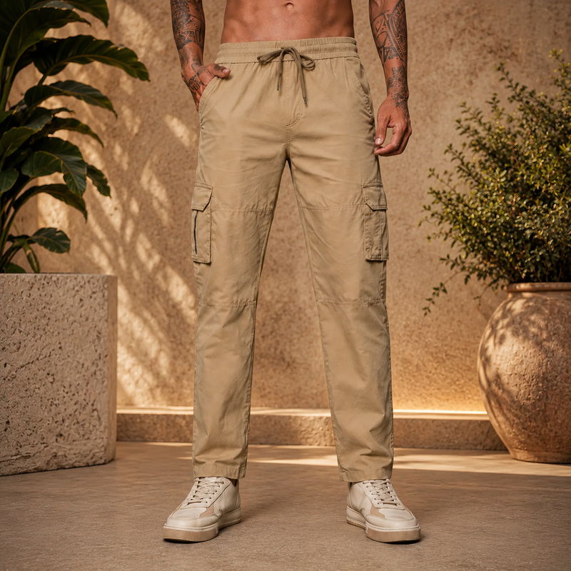Men’s Beige Cargo Pants – Relaxed Fit Utility Streetwear Trousers