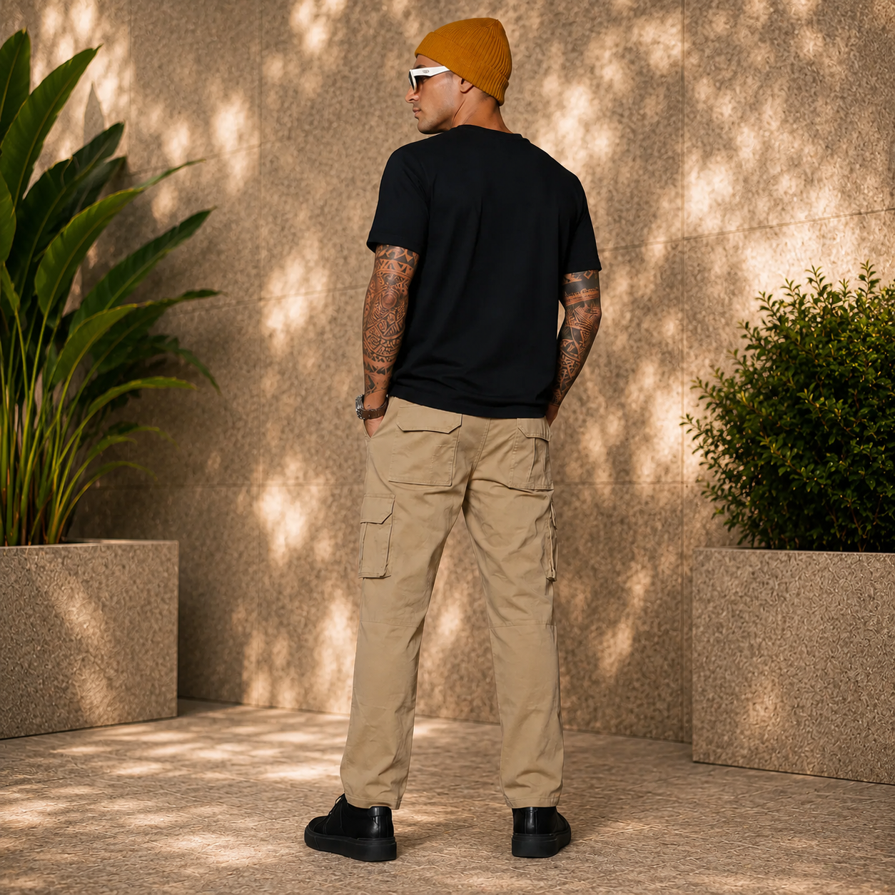 Men’s Beige Utility Cargo Pants – Relaxed Fit Streetwear Trousers