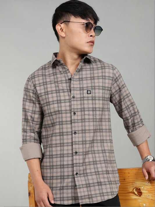 Men’s Beige Checked Casual Shirt – Premium Plaid Full Sleeve Shirt