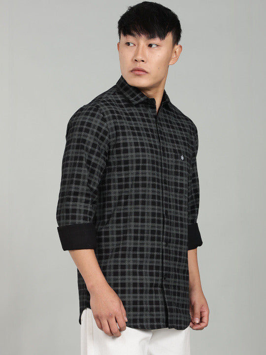 Men’s Elegant Black Checked Casual Shirt – Premium Plaid Full Sleeve Shirt