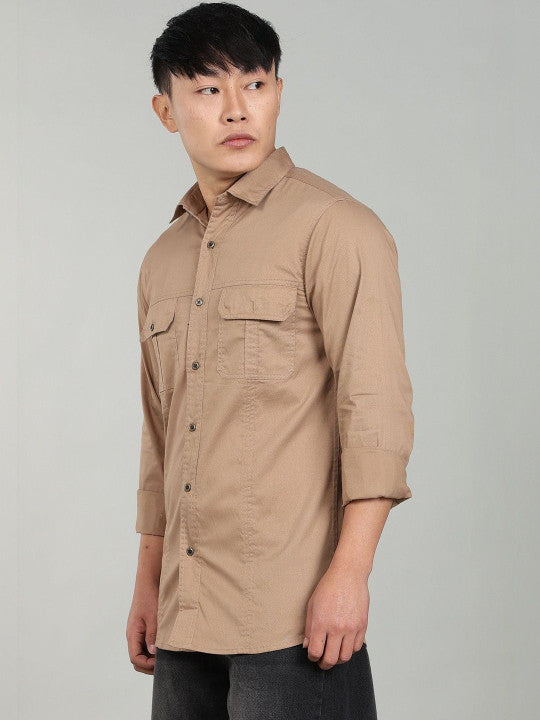 Men’s Khaki Utility Casual Shirt – Premium Full Sleeve Cotton Blend Shirt