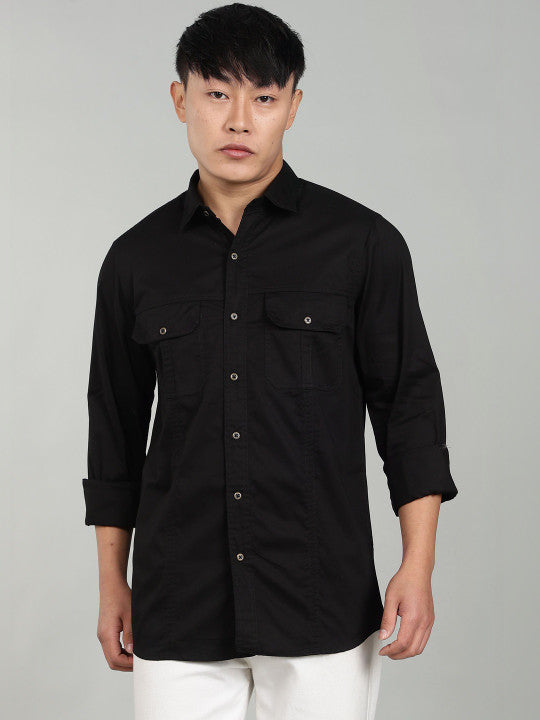 Men’s Black Utility Casual Shirt – Premium Full Sleeve Solid Shirt