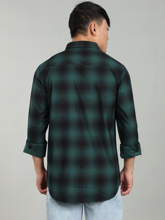 Men’s Green Black Checked Casual Shirt – Premium Plaid Full Sleeve Shirt