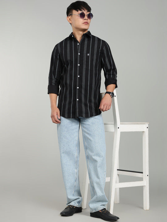 Men’s Black Vertical Striped Casual Shirt – Premium Full Sleeve Stripe Shirt